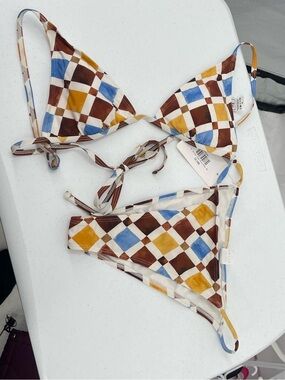 Follow Suit NWT brown blue yellow print traingle string tie bikini